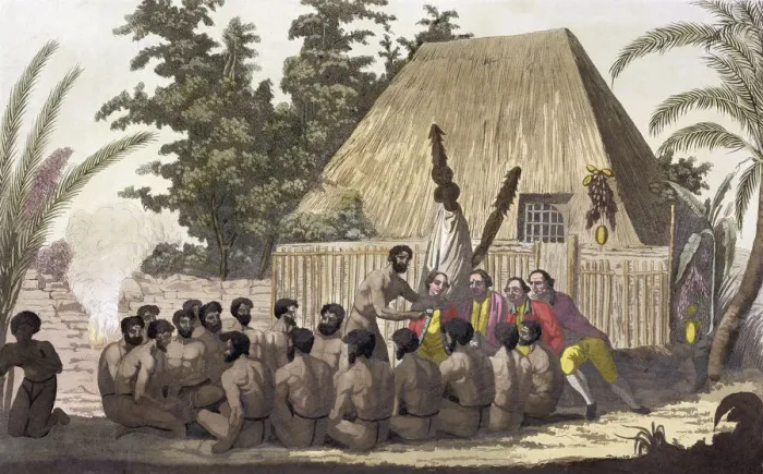 Framed Print : Captain Cook observes an Offering, Sandwich Islands, 1778-1779 (19th century) Framed Print : Captain Cook observes an Offering, Sandwich Islands, 1778-1779 (19th century)