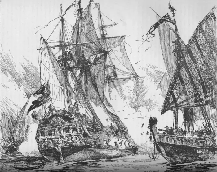 Framed Print : Captain Keigwin in the Revenge, beating off Sevagees Fleet, 1884 Framed Print : Captain Keigwin in the Revenge, beating off Sevagees Fleet, 1884