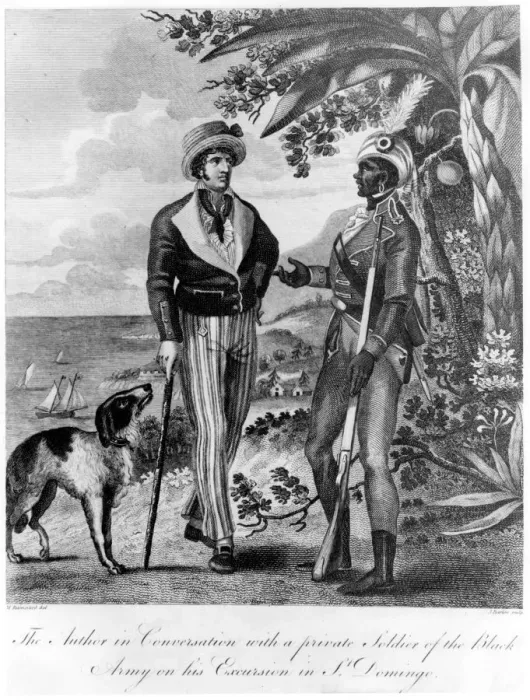 Framed Print : Captain Marcus Rainsford with a private soldier of the Black Army, 1805. Artist: John Barlow