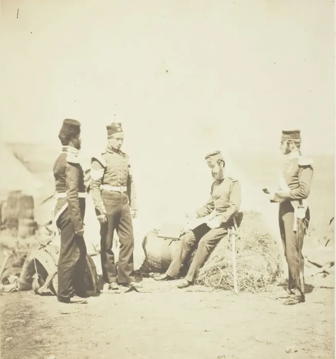 Framed Print : Captain Walker, 30th Regiment, reading General Orders, 1855. Creator: Roger Fenton Framed Print : Captain Walker, 30th Regiment, reading General Orders, 1855. Creator: Roger Fenton