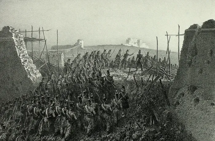 Framed Print : Capture of the Courtine 6-7, from Souvenirs d'Italie: Expédition de Rome, 1859. Creator: Auguste Raffet Framed Print : Capture of the Courtine 6-7, from Souvenirs d'Italie: Expédition de Rome, 1859. Creator: Auguste Raffet