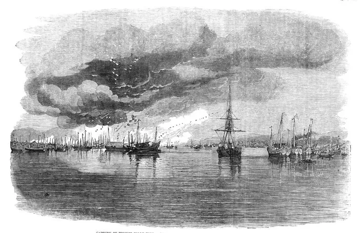 Framed Print : Capture of French Folly Fort - Termination of the Action, and Blowing-up of Junks, 1857. Creator: Unknown Framed Print : Capture of French Folly Fort - Termination of the Action, and Blowing-up of Junks, 1857. Creator: Unknown