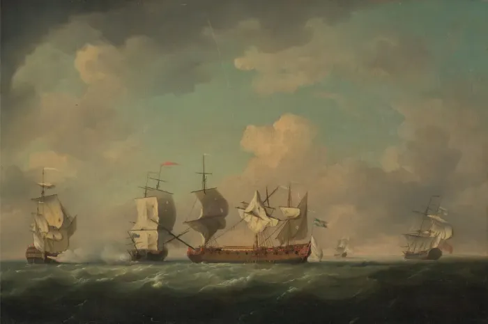 Framed Print : Capture of the French Treasure Ships Marquis d Antin and Louis Erasme, Between 1745 and 1755. Artist: Brooking, Charles (1723-1759) Framed Print : Capture of the French Treasure Ships Marquis d Antin and Louis Erasme, Between 1745 and 1755. Artist: Brooking, Charles (1723-1759)