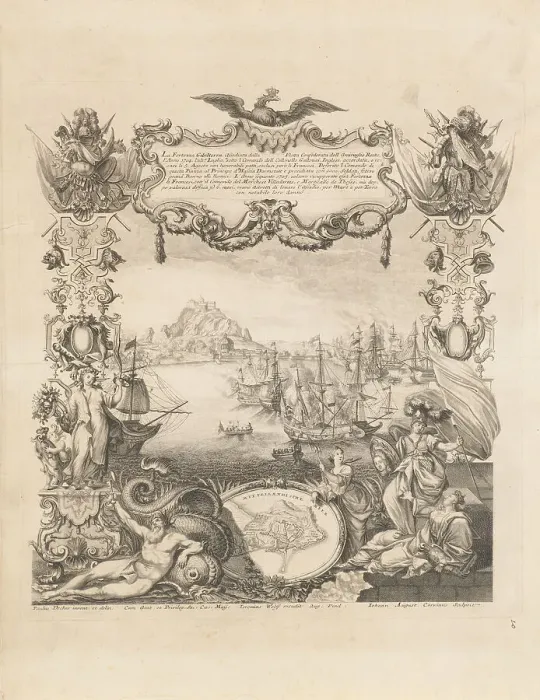 Framed Print : The capture of Gibraltar by Anglo-Dutch forces of the Grand Alliance in August 1704. Creator: Corvinus; Johann August (1683-1738) Framed Print : The capture of Gibraltar by Anglo-Dutch forces of the Grand Alliance in August 1704. Creator: Corvinus; Johann August (1683-1738)