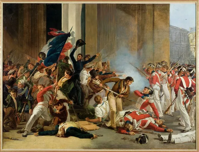 Framed Print : Capture of the Louvre, July 29, 1830; massacre of the Swiss guards, c1832. Creator: Jean Louis Bezard Framed Print : Capture of the Louvre, July 29, 1830; massacre of the Swiss guards, c1832. Creator: Jean Louis Bezard
