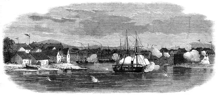 Framed Print : The Capture of Ningpo: bombardment of Point Battery and East Gate, 1862. Creator: Unknown Framed Print : The Capture of Ningpo: bombardment of Point Battery and East Gate, 1862. Creator: Unknown