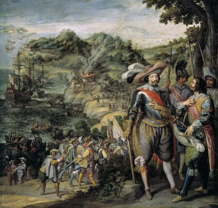 Framed Print : The capture of Saint Kitts by Don Faderique de Toledo, 1634. Artist: Castello, Felix (1595-1651) Framed Print : The capture of Saint Kitts by Don Faderique de Toledo, 1634. Artist: Castello, Felix (1595-1651)