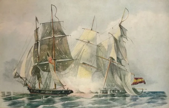 Framed Print : Capture of the Spanish slave vessel Dolores by HM brig Ferret, 4 April 1816, 1816. Artist: William John Huggins Framed Print : Capture of the Spanish slave vessel Dolores by HM brig Ferret, 4 April 1816, 1816. Artist: William John Huggins