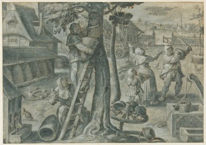 Framed Print : The Capture of a Swarm of Bees in a Farmyard, 1578 / 1605. Creator: Joannes Stradanus Framed Print : The Capture of a Swarm of Bees in a Farmyard, 1578 / 1605. Creator: Joannes Stradanus