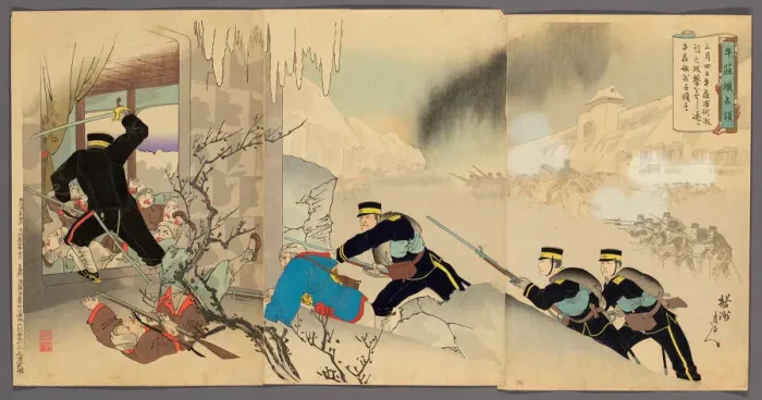 Framed Print : Capturing the Fortress at Niuzhuang (Gyusojo senryo), 1895. Creator: Chikanobu Yoshu Framed Print : Capturing the Fortress at Niuzhuang (Gyusojo senryo), 1895. Creator: Chikanobu Yoshu