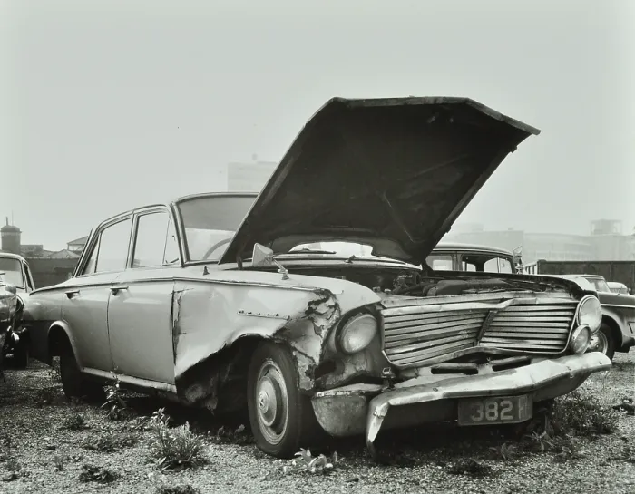 Framed Print : A car which has been dumped and abandoned by its owner, 1970. Creator: Unknown. A car which has been dumped and abandoned by its owner, 1970. Creator: Unknown