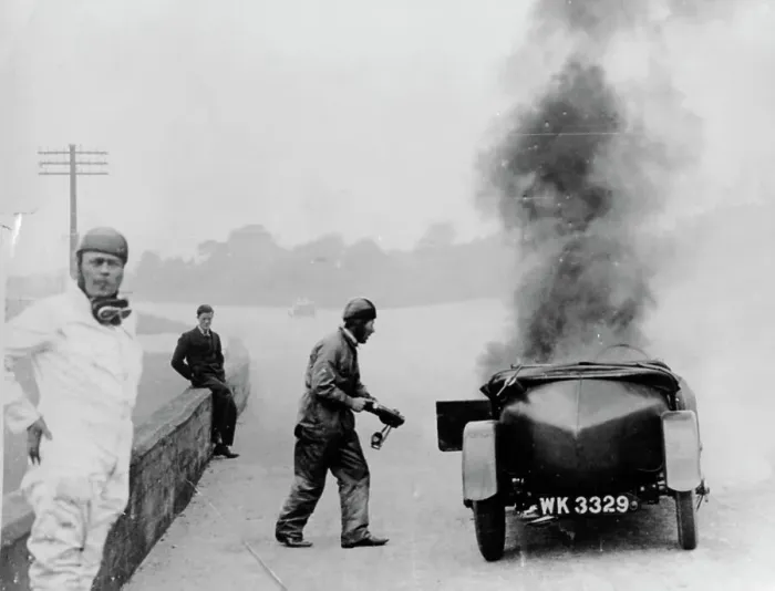 Framed Print : Car on fire, Brooklands, Surrey, 1928 Framed Print : Car on fire, Brooklands, Surrey, 1928