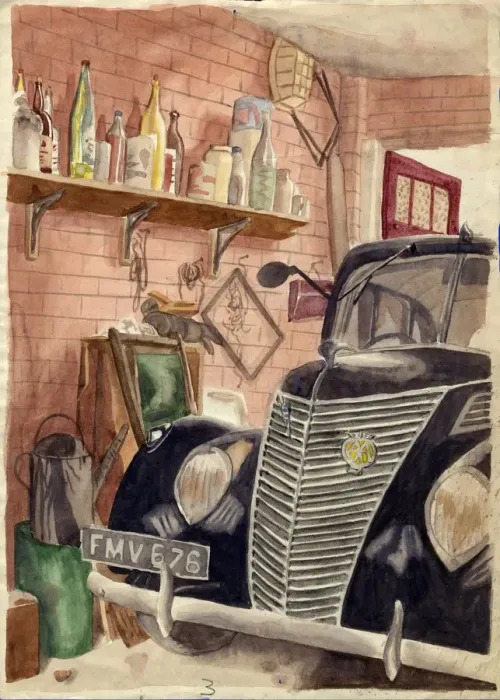 Framed Print : Car in garage, c1950. Creator: Shirley Markham Framed Print : Car in garage, c1950. Creator: Shirley Markham