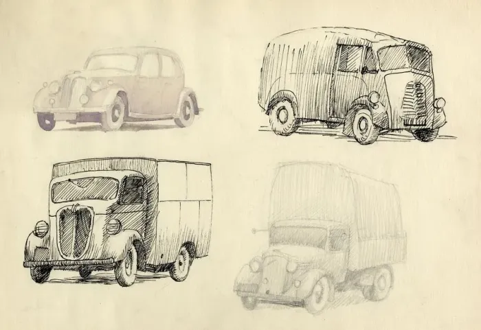 Framed Print : Car and lorries, 1951. Creator: Shirley Markham Framed Print : Car and lorries, 1951. Creator: Shirley Markham