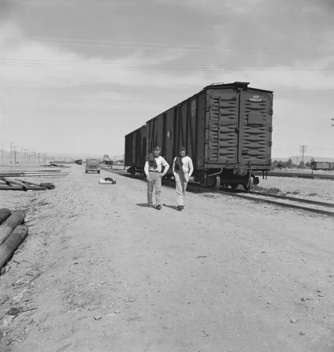 Framed Print : Car on siding across tracks from pea packing plant, Calipatria, Imperial Valley, 1939. Creator: Dorothea Lange Framed Print : Car on siding across tracks from pea packing plant, Calipatria, Imperial Valley, 1939. Creator: Dorothea Lange