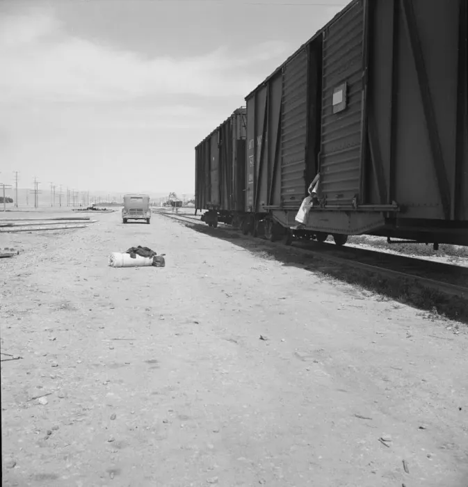 Framed Print : Car on siding across tracks from pea packing plant, Calipatria, Imperial Valley, 1939. Creator: Dorothea Lange Framed Print : Car on siding across tracks from pea packing plant, Calipatria, Imperial Valley, 1939. Creator: Dorothea Lange