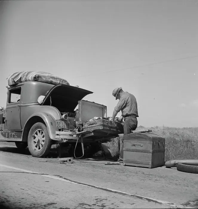 Framed Print : Car trouble on west side, Highway no33, San Joaquin Valley, 1938. Creator: Dorothea Lange Framed Print : Car trouble on west side, Highway no33, San Joaquin Valley, 1938. Creator: Dorothea Lange