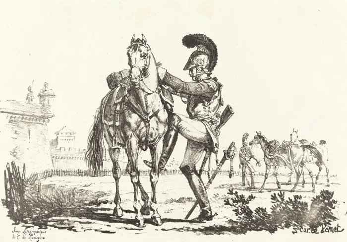 Framed Print : Carabinier Mounting a Horse. Creator: Carle Vernet Framed Print : Carabinier Mounting a Horse. Creator: Carle Vernet