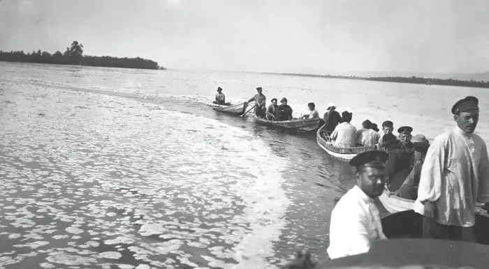 Framed Print : A caravan of boats from a survey party on the Zeya River during a flood, 1909. Creator: Vladimir Ivanovich Fedorov Framed Print : A caravan of boats from a survey party on the Zeya River during a flood, 1909. Creator: Vladimir Ivanovich Fedorov