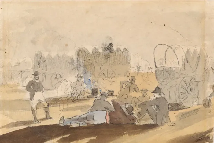 Framed Print : Caravan with Covered Wagons Resting [recto], 1861. Creator: Winslow Homer