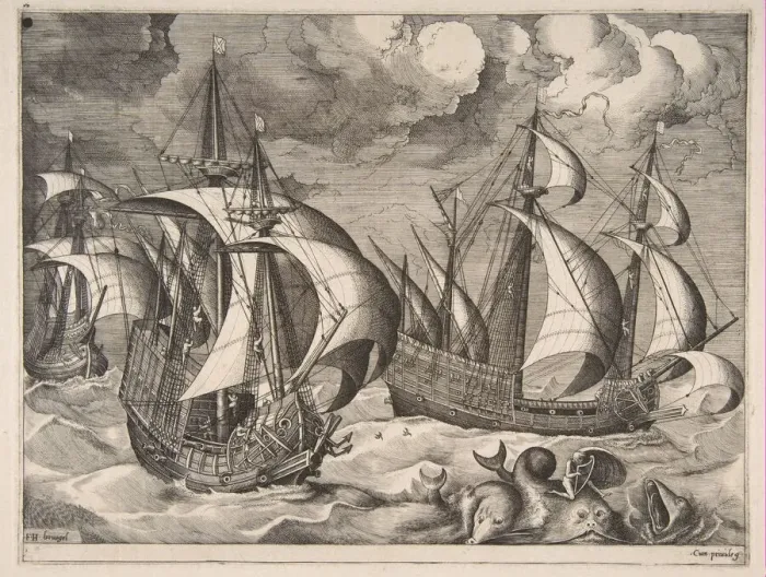 Framed Print : Three Caravels in a Rising Squall with Arion on a Dolphin from The Sailing Vessels Framed Print : Three Caravels in a Rising Squall with Arion on a Dolphin from The Sailing Vessels