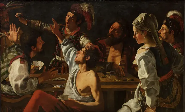 Framed Print : Card and Backgammon Players. Fight over Cards, 1616-1626. Creators: Theodoor Rombouts, Michelangelo Caravaggio, Orazio Gentileschi Framed Print : Card and Backgammon Players. Fight over Cards, 1616-1626. Creators: Theodoor Rombouts, Michelangelo Caravaggio, Orazio Gentileschi