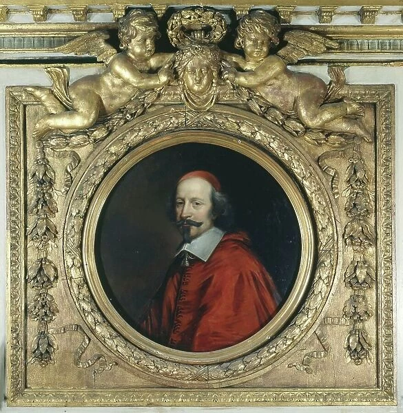 Cardinal Jules Mazarin (1602-1661). Portrait encased in wooden fireplace mantel... Creators: Pierre Mignard, Robert Nanteuil