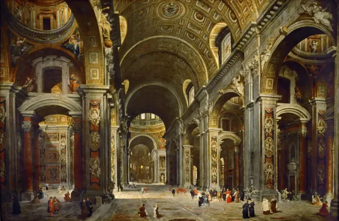 Framed Print : Cardinal Melchior de Polignac Visiting the Basilica of Saint Peter in Rome. Artist: Panini, Giovanni Paolo (1691-1765) Framed Print : Cardinal Melchior de Polignac Visiting the Basilica of Saint Peter in Rome. Artist: Panini, Giovanni Paolo (1691-1765)