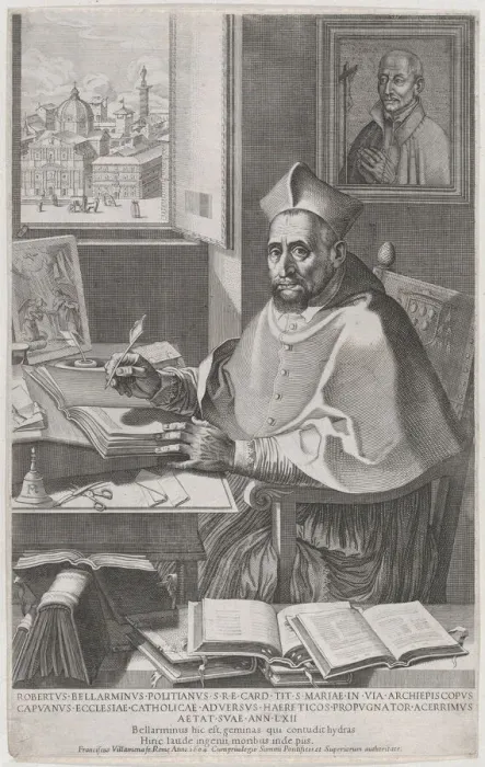 Framed Print : Cardinal Roberto Bellarmino at his desk, writing, 1604. Creator: Francesco Villamena Framed Print : Cardinal Roberto Bellarmino at his desk, writing, 1604. Creator: Francesco Villamena