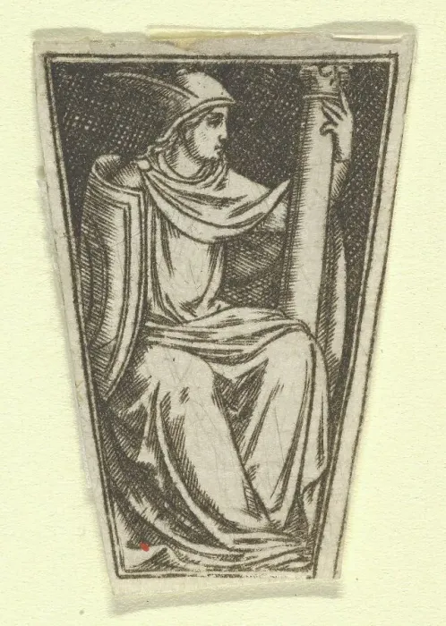 Framed Print : The cardinal virtue of Fortitude represented by a seated woman, her right hand on... ca. 1480-1520. Creator: Anon Framed Print : The cardinal virtue of Fortitude represented by a seated woman, her right hand on... ca. 1480-1520. Creator: Anon