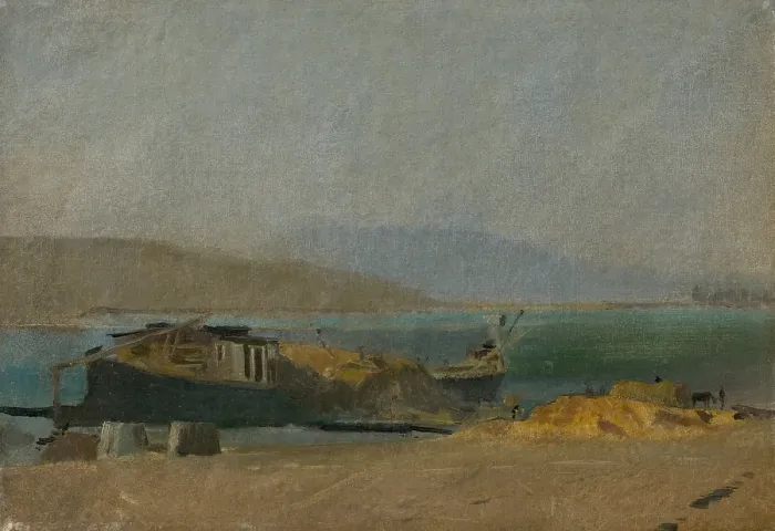 Framed Print : Cargo Ship on the Danube Riverbank, 1880-1900. Creator: Ladislav Mednyanszky Framed Print : Cargo Ship on the Danube Riverbank, 1880-1900. Creator: Ladislav Mednyanszky