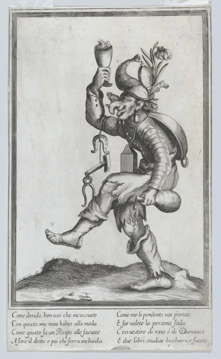 Framed Print : A caricature figure (a carpenter?) with a toad on his nose, carrying various implem... ca. 1640-60. Creator: Anon Framed Print : A caricature figure (a carpenter?) with a toad on his nose, carrying various implem... ca. 1640-60. Creator: Anon