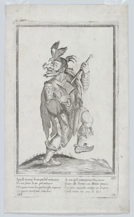 Framed Print : A caricature figure representing a street musician(?) with a mouse (lizard?) on his... ca. 1640-60. Creator: Anon Framed Print : A caricature figure representing a street musician(?) with a mouse (lizard?) on his... ca. 1640-60. Creator: Anon
