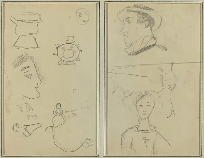 Framed Print : A Caricature and Five Forms; A Man in Profile, a Winged Creature and a Boy [verso], 1884-1888. Creator: Paul Gauguin