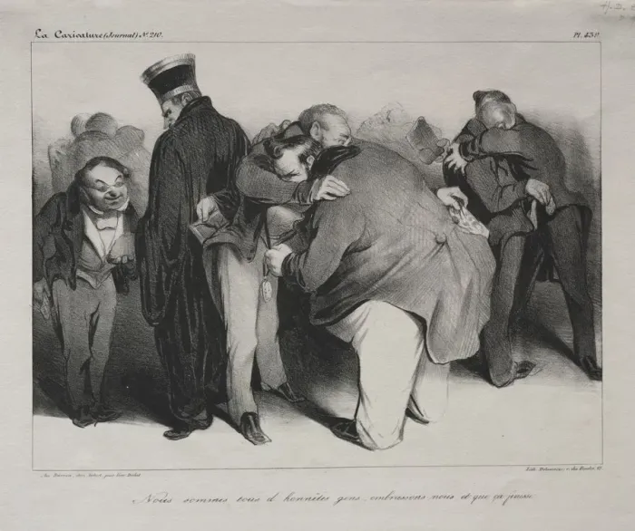 Framed Print : Caricature, plate 439: We are all honest men, so let us embrace and be done with it, 1834 Framed Print : Caricature, plate 439: We are all honest men, so let us embrace and be done with it, 1834
