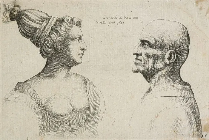 Framed Print : Caricatures and deformities after Leonardo. Two heads, 1645. Creator: Wenceslaus Hollar Framed Print : Caricatures and deformities after Leonardo. Two heads, 1645. Creator: Wenceslaus Hollar