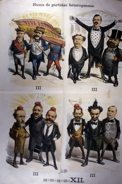 Framed Print : Caricatures of the Government Ministers, published in La Madeja, No. 4, Barcelona 30 January 1875 Framed Print : Caricatures of the Government Ministers, published in La Madeja, No. 4, Barcelona 30 January 1875
