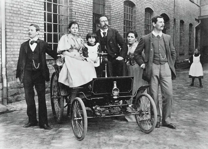 Framed Print : Carl Benz with his family at his Benz Velo in the Mannheim factory yard, 1894. Creator: Anonymous Framed Print : Carl Benz with his family at his Benz Velo in the Mannheim factory yard, 1894. Creator: Anonymous