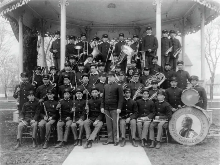 Framed Print : Carlisle Indian School, Carlisle, Pa. Band posed at the bandstand, 1901. Creator: Frances Benjamin Johnston Framed Print : Carlisle Indian School, Carlisle, Pa. Band posed at the bandstand, 1901. Creator: Frances Benjamin Johnston