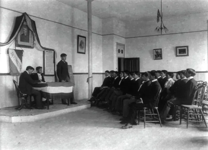 Framed Print : Carlisle Indian School, Carlisle, Pa. Classroom debate by debating society, 1901. Creator: Frances Benjamin Johnston Framed Print : Carlisle Indian School, Carlisle, Pa. Classroom debate by debating society, 1901. Creator: Frances Benjamin Johnston