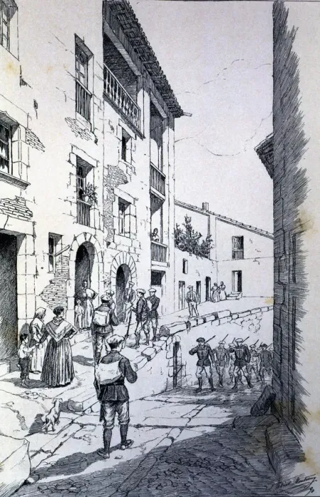 Framed Print : Third Carlist War (1872 - 1876), accommodation of Carlist troops in a village of Catalonia Framed Print : Third Carlist War (1872 - 1876), accommodation of Carlist troops in a village of Catalonia