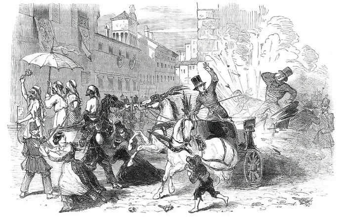Framed Print : The Carnival at Rome - Explosion of a Hand-Grenade in the Carriage of the Prince of Musignano, 1850. Creator: Unknown Framed Print : The Carnival at Rome - Explosion of a Hand-Grenade in the Carriage of the Prince of Musignano, 1850. Creator: Unknown