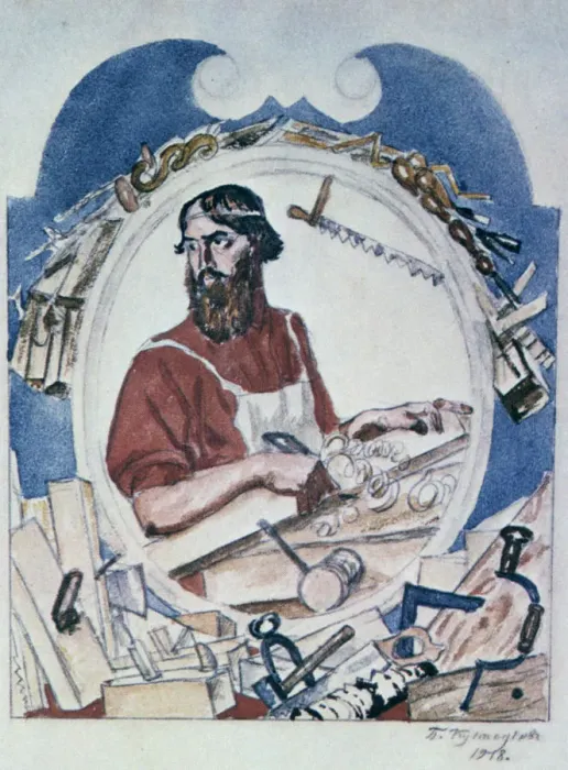 Framed Print : The Carpenter, 1918. Artist: Boris Mikhajlovich Kustodiev Framed Print : The Carpenter, 1918. Artist: Boris Mikhajlovich Kustodiev