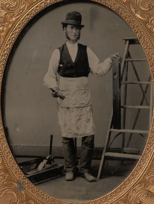 Framed Print : Carpenter with Ladder, Hammer, Level, and Toolbox, 1860s-70s. Creator: Unknown Framed Print : Carpenter with Ladder, Hammer, Level, and Toolbox, 1860s-70s. Creator: Unknown