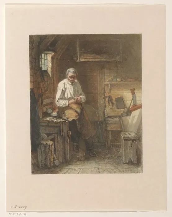 Framed Print : Carpenter sitting on a planer in his workshop, 1861. Creator: Jacob Taanman Framed Print : Carpenter sitting on a planer in his workshop, 1861. Creator: Jacob Taanman