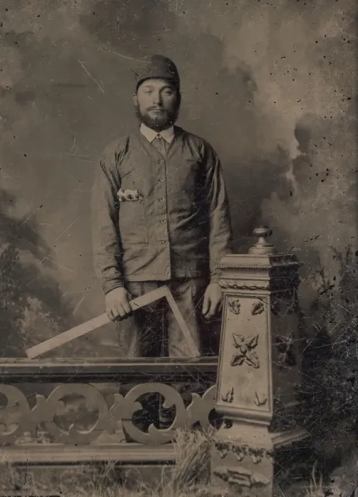 Framed Print : Carpenter, Standing Behind a Decorative Balustrade, Holding a Square, 1870s Framed Print : Carpenter, Standing Behind a Decorative Balustrade, Holding a Square, 1870s