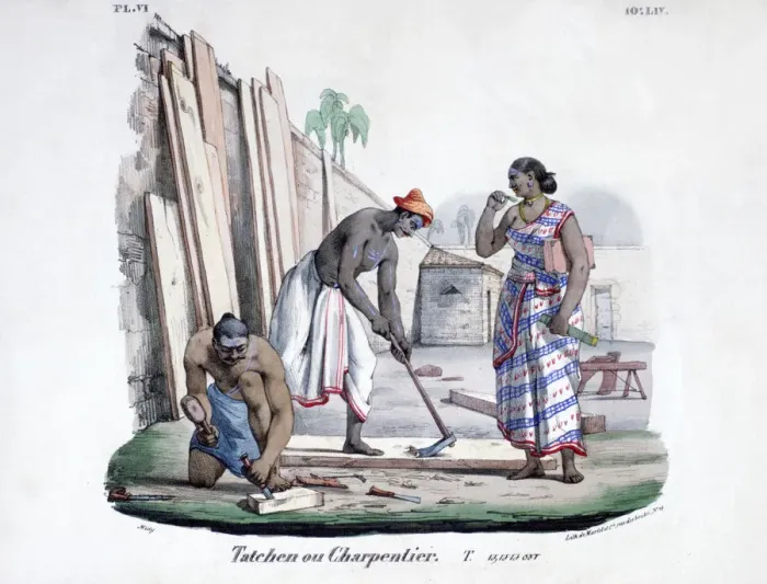Framed Print : Carpenters, 1828. Artist: Marlet et Cie Framed Print : Carpenters, 1828. Artist: Marlet et Cie