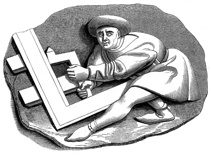 Framed Print : A carpenters apprentice working at a trial piece, 15th century (1849)