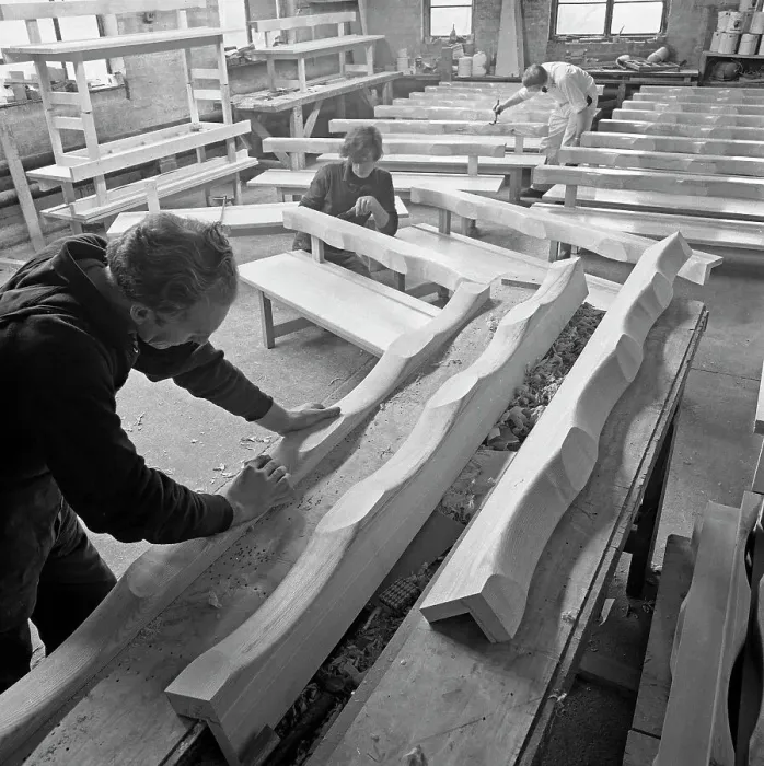 Framed Print : Carpenters working on church pews at a small carpentry workshop, South Yorkshire, 1969 Framed Print : Carpenters working on church pews at a small carpentry workshop, South Yorkshire, 1969