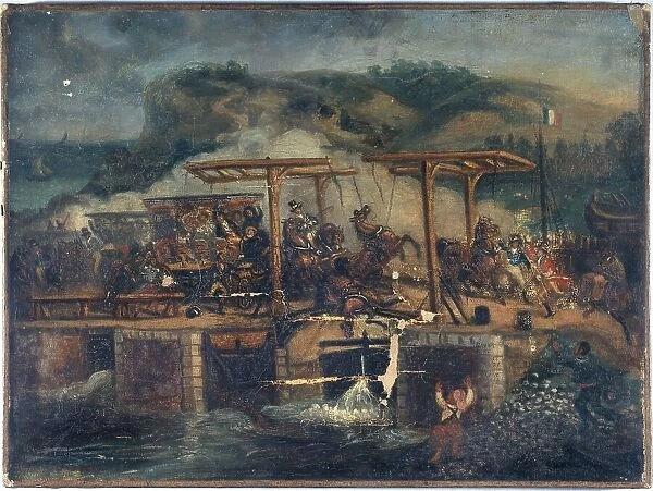 Carriage accident on a bridge around 1835, between 1830 and 1840. Creator: Unknown